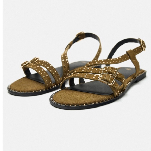 Zara khaki green flat real suede leather sandals with studs NWT - Picture 13 of 13